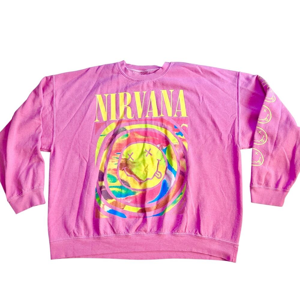 Nirvana Nevermind Spiral Smiley Face Crewneck Adult S/M Pink Multicolor